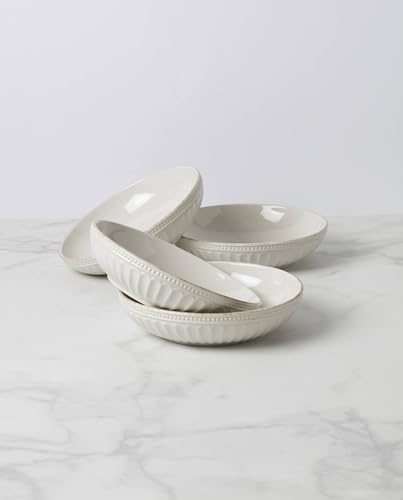 French Perle Groove White Stoneware Pasta Bowl Set for 4 (Pasta Bowls, Set of 4)