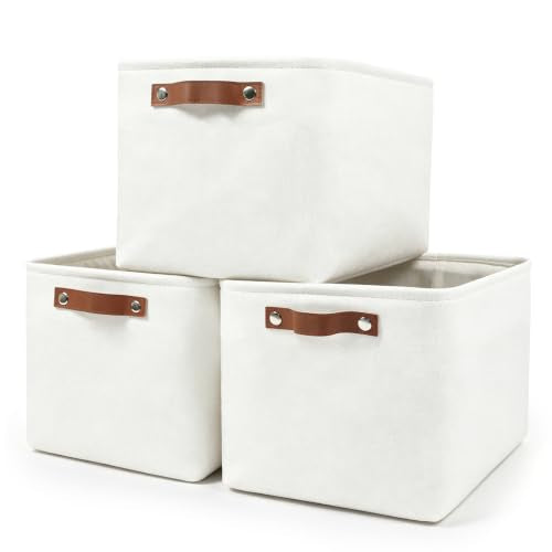 Storage Bins Large Fabric Storage Baskets for Shelves 3 Pack (Full Off-White / Large -15"x11"x9.5")