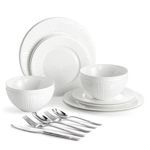 12Pc Bone China Dinnerware Set & 20Pc Flatware Combo Set for 4 (White-striped / service for 4-32pcs)