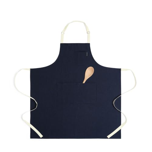 100% Pure Linen Apron (Indigo / Ivory / 33 X 30 Inch)