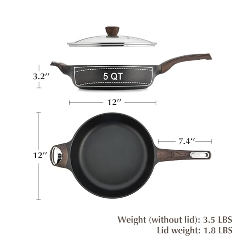 Nonstick Frying Pan Skillet with Lid (5QT / 12IN / Classic Black)