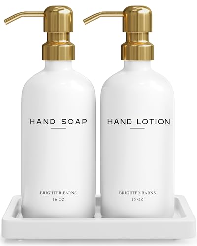 Luxury Glass Soap and Lotion Dispenser Set with Tray by Brighter Barns (Gold Sl)