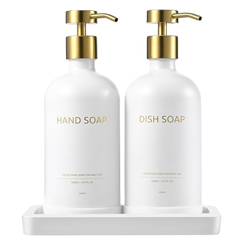 Glass Kitchen Soap Dispenser Set with Ceramic Tray (White Bottles + Gold Pumps)