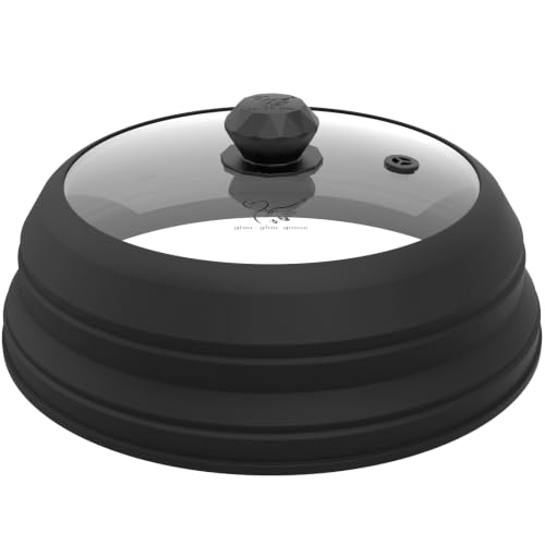 Microwave Splatter Cover Vented Glass Splatter Guard Lid with Collapsible Silicone for Food as Pot Cover 11.8 inch Large Plate for 6 7 8 9 10 11 inch Plate Bowl Black (11.8 inch / Black Lid)