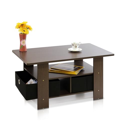 ANDREY Small Modern Coffee Table with Storage Shelf (Dark Brown/Black / 2 Bin)