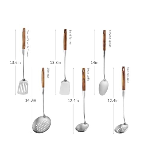 6 Pcs Cooking Utensils Set 304 Stainlss Steel Kitchen Utensils Set Heat Resistant Wooden Handle Kitchen Tools Metal Kitchen Utensil Soup Ladle Set (Wooden Handle-6 Pcs)