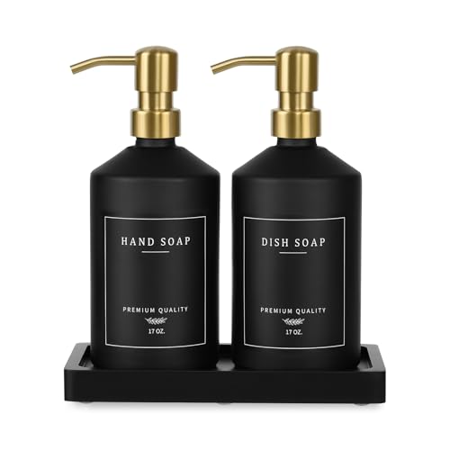 Black Glass Kitchen Hand and Dish Soap Dispenser Set (Black Bottle + Gold Pump)