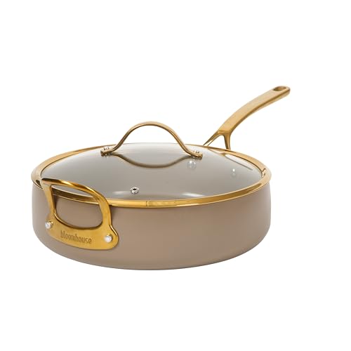 Non Stick Frying Pan (Cappuccino Cream w/ Gold Handle / Saute Pan w/ Lid (6-Quart))