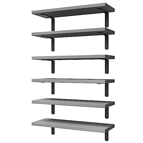 Floating Shelves Set of 6 for Wall Decor & Storage (16.5 Inch / Grey)