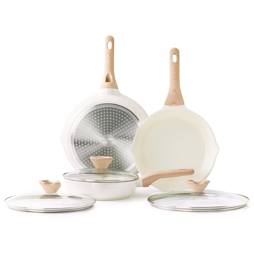 Ceramic Nonstick Frying Pan Set with Lid (White Ceramic / 9.5+11+12.5 Inch w/ Lid)