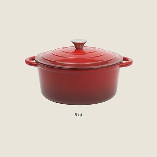 Addlestone 5 Quart Red Enamel Cast Iron Dutch Oven with Lid and Dual Handles (5-Quart / Gradient Red)
