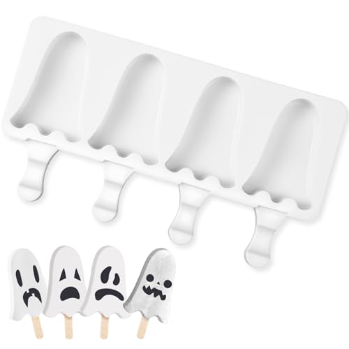 Halloween Ghost Shaped Mold Large 4 Cavity Reusable Silicone Cakesicle Cake Pop Ice Cream Mold for Halloween Adults Homemade Ice Cream Chocolate Candy DIY Trick Dessert Decorating (Ghost)