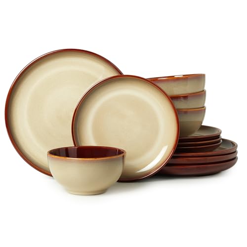 Ceramic Dinnerware Sets for 4 (Brown Yellow / Set (12pcs))