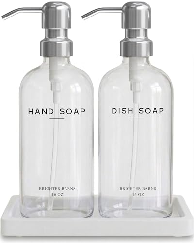 Glass Hand and Dish Soap Dispenser Set by Brighter Barns (Clear/Silver Hd)
