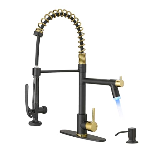 Commercial Kitchen Faucets with Pull Down Sprayer Matte Black&Gold (Black&Gold)