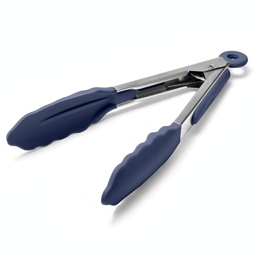 Kitchen Tongs with Silicone Tips for Cooking Serving (7in / Navy Blue)