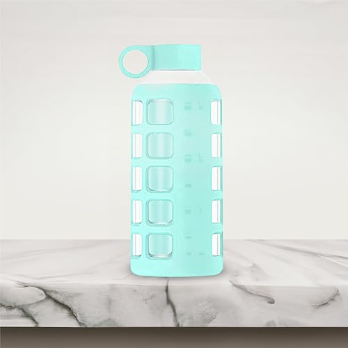 40oz / 32oz / 22oz / 12oz Borosilicate Glass Water Bottle with Time & Volume Markers, Silicone Sleeve, Stainless Steel Lid | Reusable Glass Bottle for Water & Juice (22oz Glow-in-the-Dark) (Glow-in-the-Dark (1 Count) / 22 Ounces)