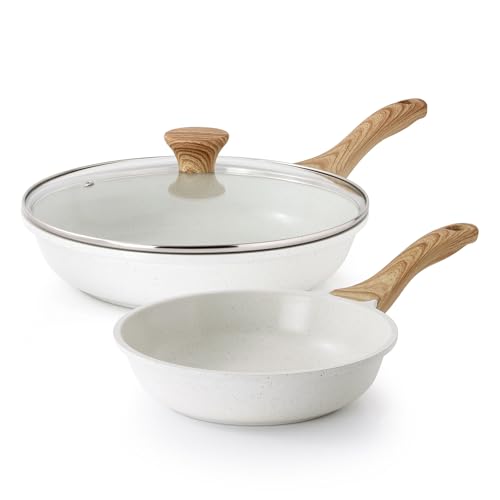 Ceramic Nonstick Frying Pan Skillets (White / 8+11 Inch w/ Lid)