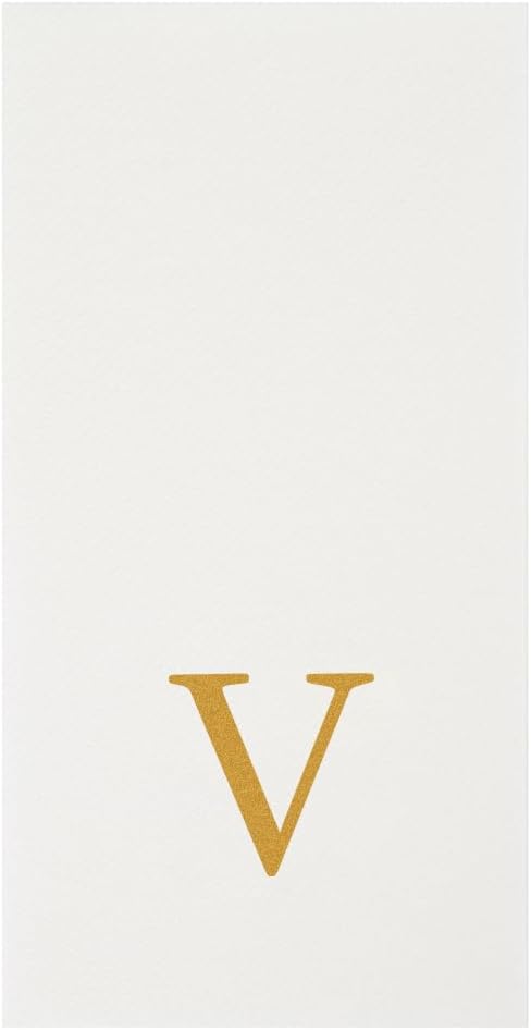 Luxenap 15.8 X 7.9 Inch Linen-Feel Guest Towels, 50 Lettered Hand Towels - Gold Letter 'V', Sans Serif Font, White Paper Dinner Napkins, airlaid, For Restrooms And Tables
