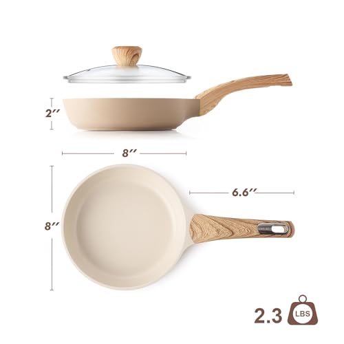 8inch Ceramic Nonstick Frying Pan Paella Pan with Lid (8 Inch / TAFFEE Taupe)