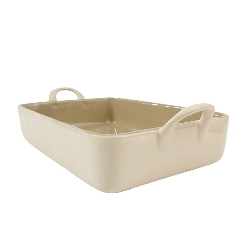 3-Piece 4.8-Quart 9 X 13 Ceramic Bakeware Set with Olive Wood Tools – Linen/Taupe Baking Dish with Handles, Oven Safe, Durable Stoneware for Casseroles, Roasting & Serving
