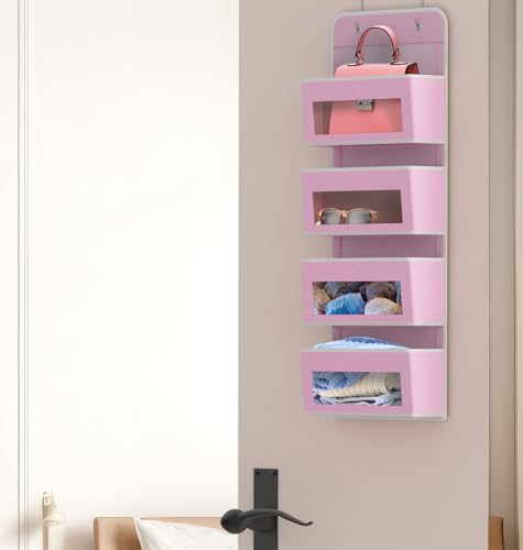 4 Clear Window Pocket Over Door Hanging Organizer (4 Pockets / Pink)