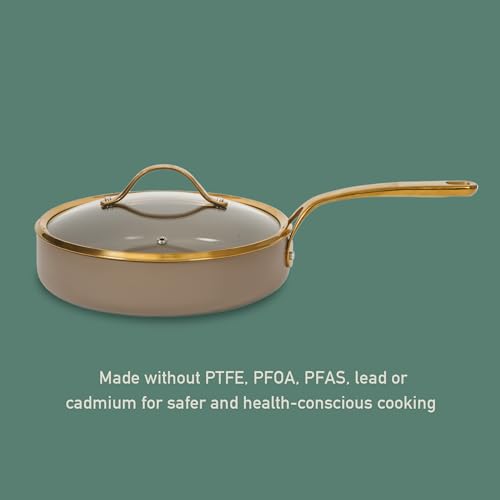 Non Stick Ceramic Frying Pan (Cappuccino Cream w/ Gold Handle / Deep Fry Pan w/ Lid (10-Inch))
