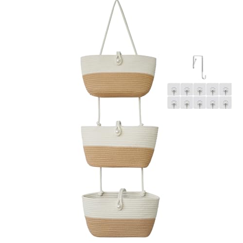 3 Tier Hanging Baskets for Storage with Pearl Button Strap (White&Jute / 3 tier+Pearl Button)