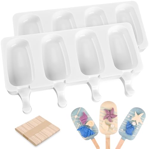 2 Pack 4 Cavity Popsicle Silicone Molds with 50 Wooden Sticks (2 Pcs Large - White)