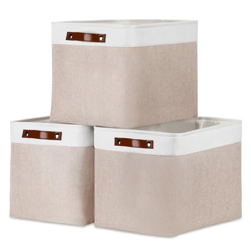 Fabric Storage Bins (White&Khaki / XL-16"x 12"x12")