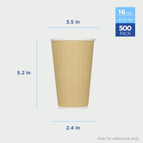 16oz Ripple Insulated Coffee Hot Cups [500 Count] Kraft Double Poly Lined Paper Hot Cup (16 OZ / Brown)