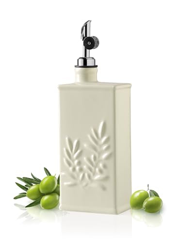 Sweejar Ceramic Olive Oil Dispenser Bottle for Kitchen (17 Oz(Silver Spout) / Beige)
