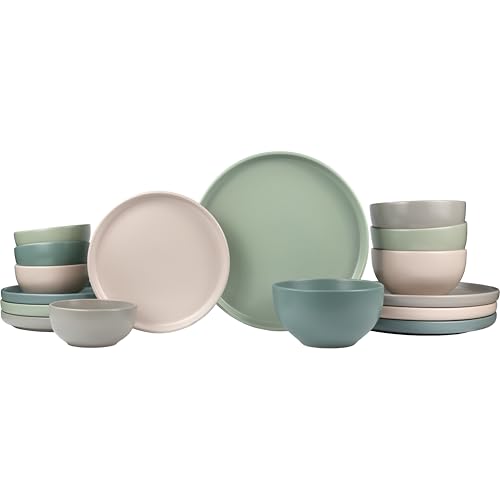 16 Piece Stoneware Dinnerware Set for 4 (Green/Sand/White / 16-Piece Set)