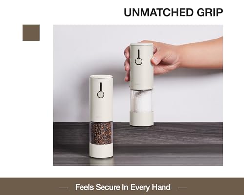 Electric Salt and Pepper Grinder Set Stainless Steel 2 Pack USB Rechargeable LED One Hand Off White (Off-White)