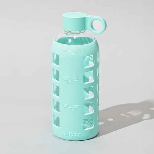 40oz / 32oz / 22oz / 12oz Borosilicate Glass Water Bottle with Time & Volume Markers, Silicone Sleeve, Stainless Steel Lid | Reusable Glass Bottle for Water & Juice (22oz Glow-in-the-Dark) (Glow-in-the-Dark (1 Count) / 22 Ounces)