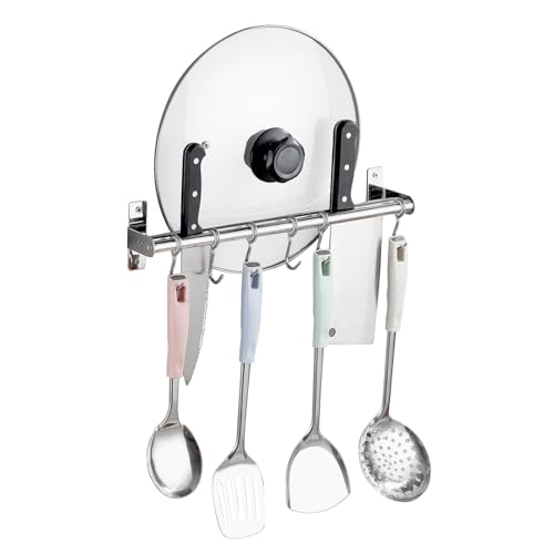 Utensil Hanging Rack Stainless Steel Rail Hanger Rod Wall Mounted Pot Pan Lid Holder Cookware Storage Organizer with Sliding Hooks for Kitchen Bathroom