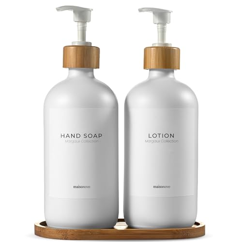 Soap Dispenser Set (White Bottles White Bamboo Pumps)