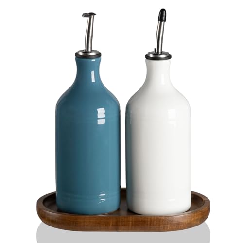 Sweejar Ceramic Olive Oil Dispenser Bottle Set (15.5 oz, Set of 2 / WhiteFogblue)
