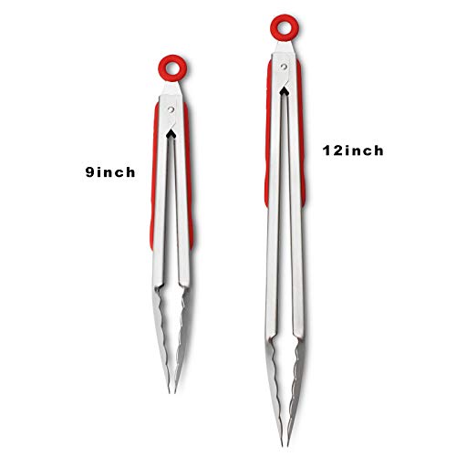 Premium 304 Stainless Steel Tongs Set (9" & 12" / Red)