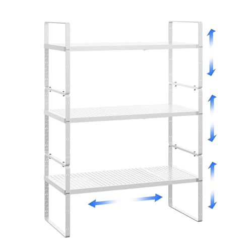 Expandable Cabinet Shelf Organizer Adjustable Metal Spice Rack Stackable Freestanding Counter Storage Shelves for Kitchen Cabinet Under Sink Office Desk (3 Count)