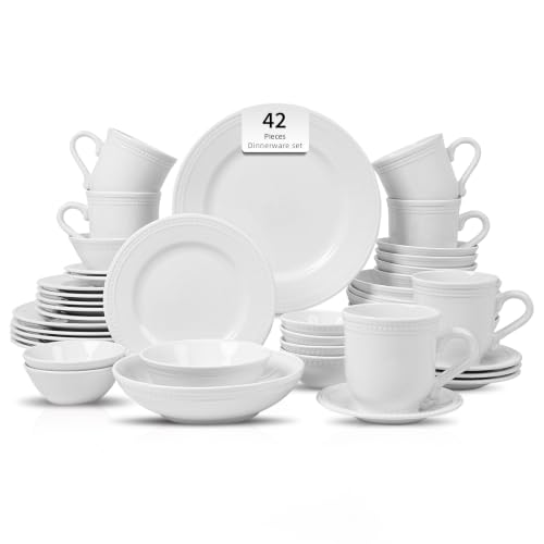HomeVSS 42 Piece Pearl Dots Stoneware Dinnerware Set (42pc Set / White)