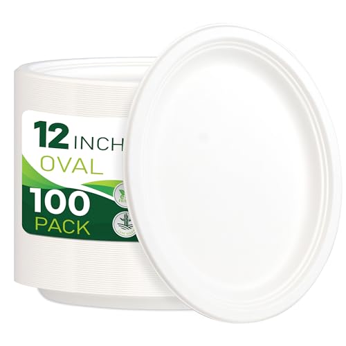 100PCS 100% Compostable White Oval Paper Plates (White / 12in Oval(100count))