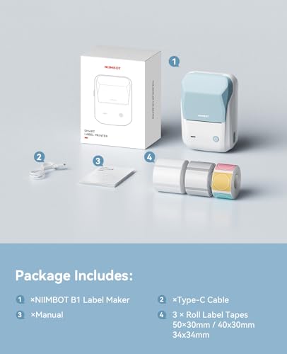 B1 Label Maker Machine with 3 Tapes (Blue White / Printer+3Tapes)