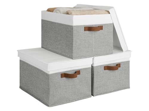 Fabric Storage Bins with Lids (Gray and White / Jumbo)