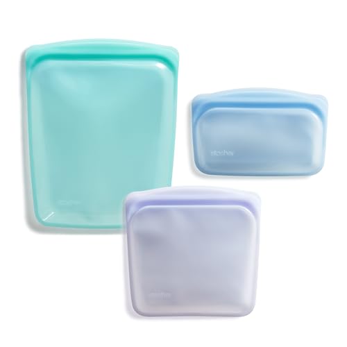 Premium Reusable Silicone Bags and Lunch Bag (Aqua + Blue + Lavender / 3-Pack)