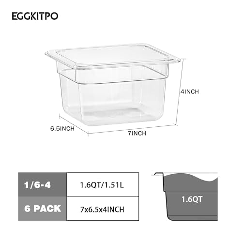 1 6 Size Food Pan 6 Packs 4 Inch Deep Clear Food Storage Containers BPA (1/6 Size / 4" Deep)