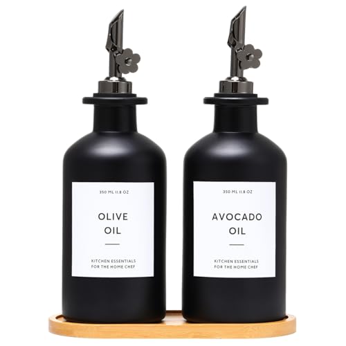 Olive Oil Dispenser for Kitchen (12oz-Black&Black Spout+Tray / 11.8 fl oz)