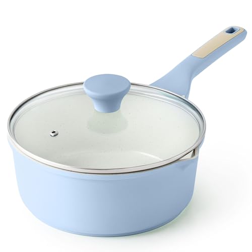 Ceramic Nonstick Saucepan with Double Pouring Spout (Glacier Blue / 3 Quarts)