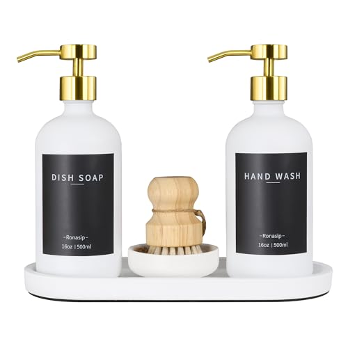 Set of 5 Kitchen Soap Dispenser Set 16 Oz Glass Hand Dish Soap Dispenser with Stainless Steel Pump (White)