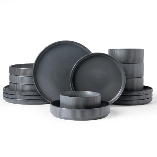 Star Stoneware Dinnerware Sets with Pasta Bowls (Matte Dark Charcoal)